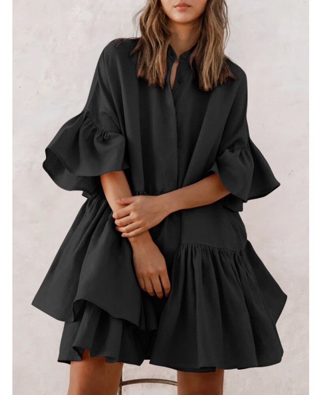 Women Petal Sleeve Irregular Ruffle Hem Pleated Button Casual Mini Dress - Black S