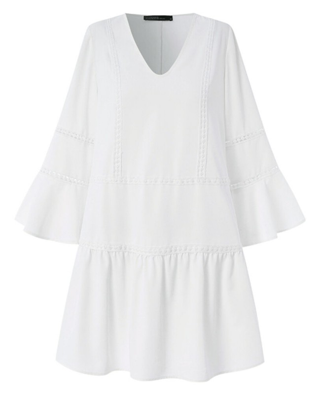 Lace Patchwork V-Neck 3/4 Sleeve Solid Color Holiday Hollow Out Casual Mini Women Dress - Black S