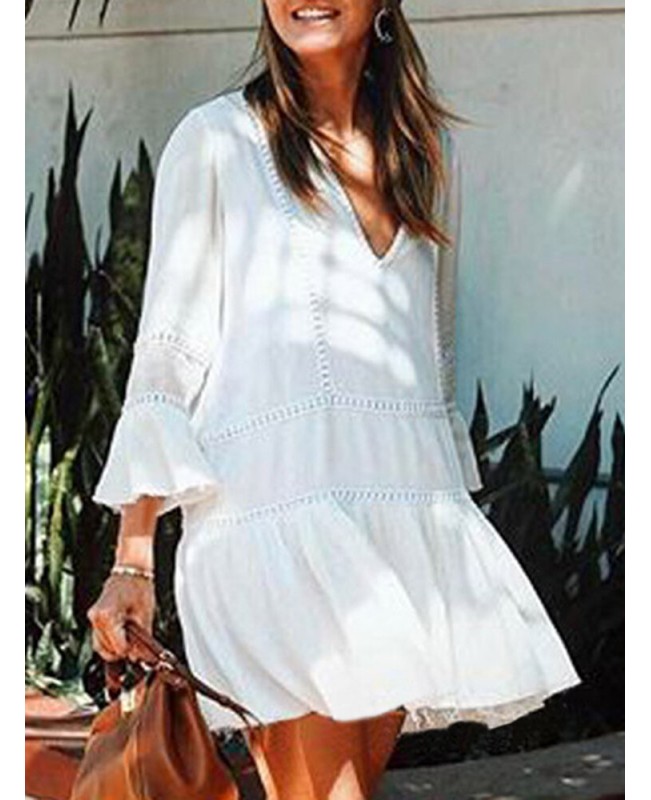 Lace Patchwork V-Neck 3/4 Sleeve Solid Color Holiday Hollow Out Casual Mini Women Dress - Black S