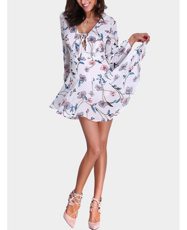 Random Floral Print Zip Back Lace-up Long Sleeve Mini Dress - White S