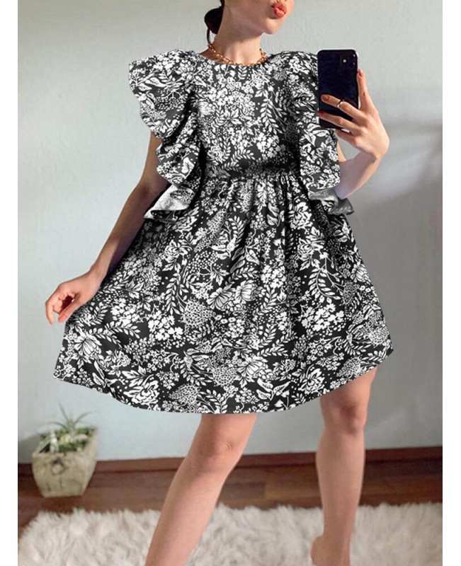 Women Floral Print Ruffle Trims Sleeveless Casual Daily Doll Mini Dress - Black S