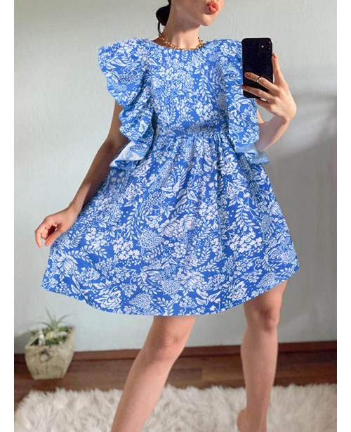 Women Floral Print Ruffle Trims Sleeveless Casual ...