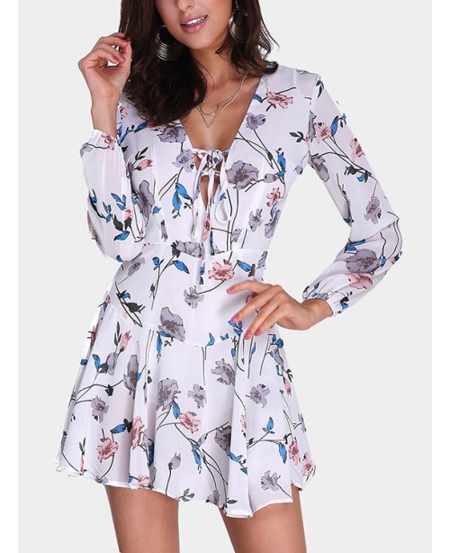 Random Floral Print Zip Back Lace-up Long Sleeve M...