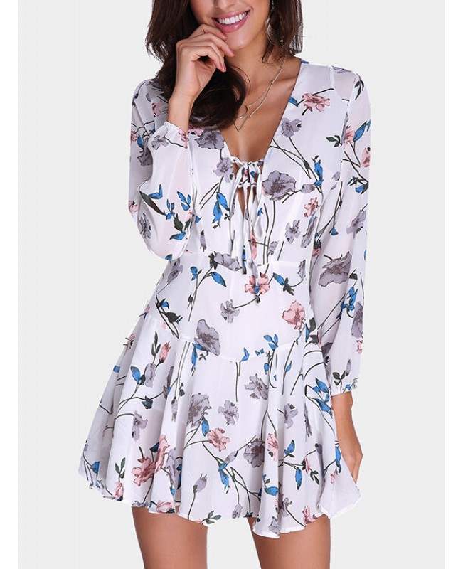 Random Floral Print Zip Back Lace-up Long Sleeve Mini Dress - White S