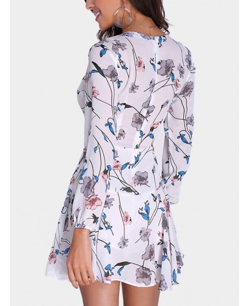 Random Floral Print Zip Back Lace-up Long Sleeve M...