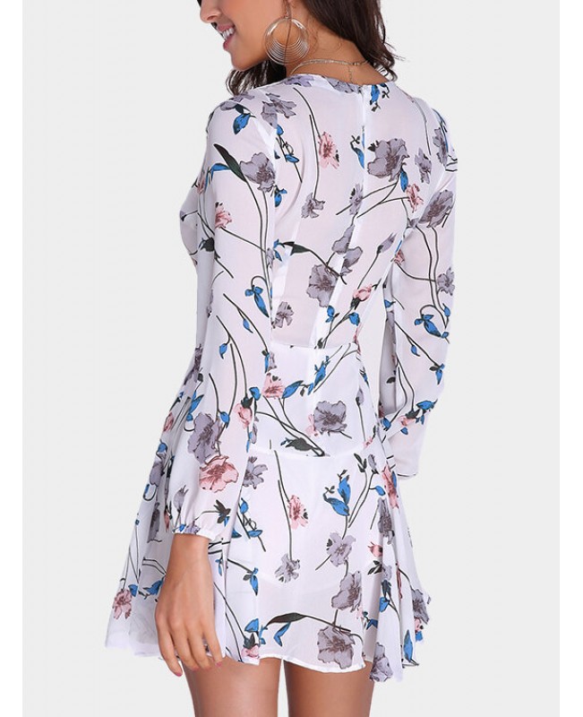 Random Floral Print Zip Back Lace-up Long Sleeve Mini Dress - White S