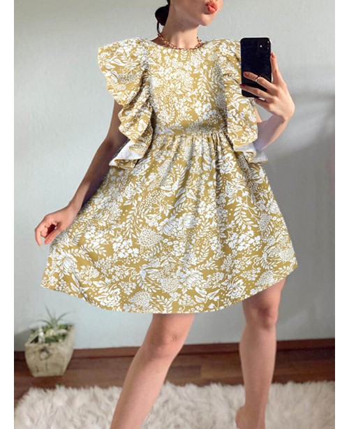 Women Floral Print Ruffle Trims Sleeveless Casual ...