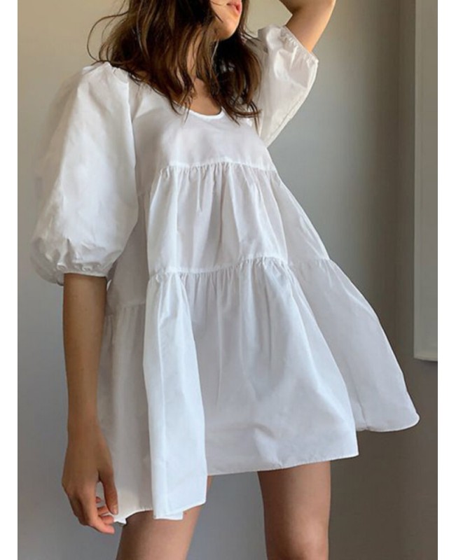 Women Puff Sleeve U-Neck Solid Color Short Sleeve Casual Tiered Dress - Black S