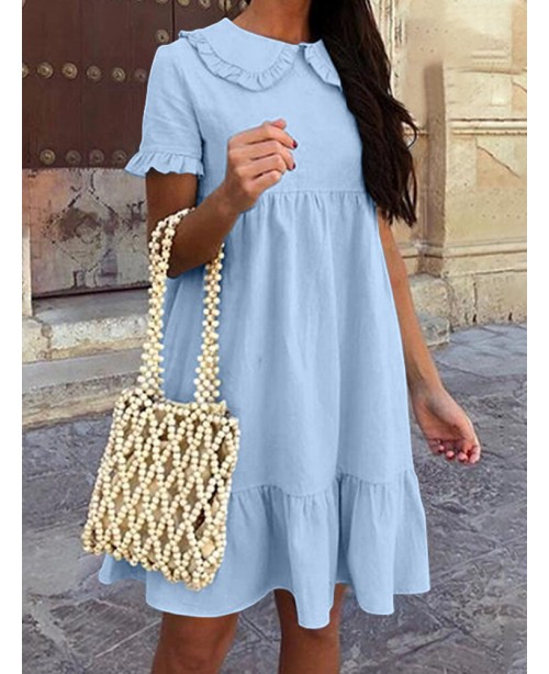 Women Solid Color Doll Collar Fungus Trims A-Line ...