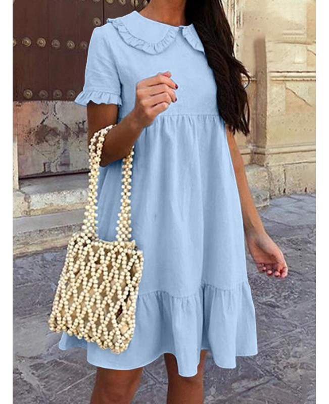 Women Solid Color Doll Collar Fungus Trims A-Line Stitching Short Sleeve Dress - Black S