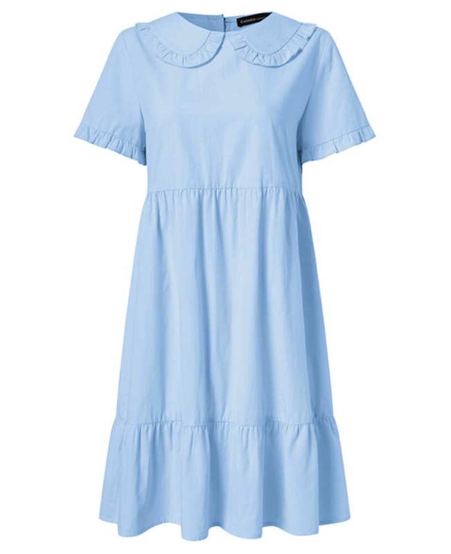 Women Solid Color Doll Collar Fungus Trims A-Line Stitching Short Sleeve Dress - Black S
