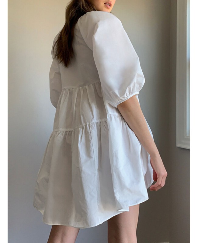 Women Puff Sleeve U-Neck Solid Color Short Sleeve Casual Tiered Dress - Black S
