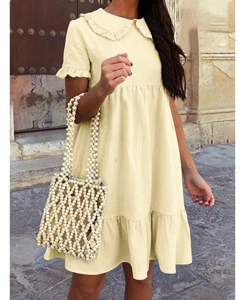 Women Solid Color Doll Collar Fungus Trims A-Line ...