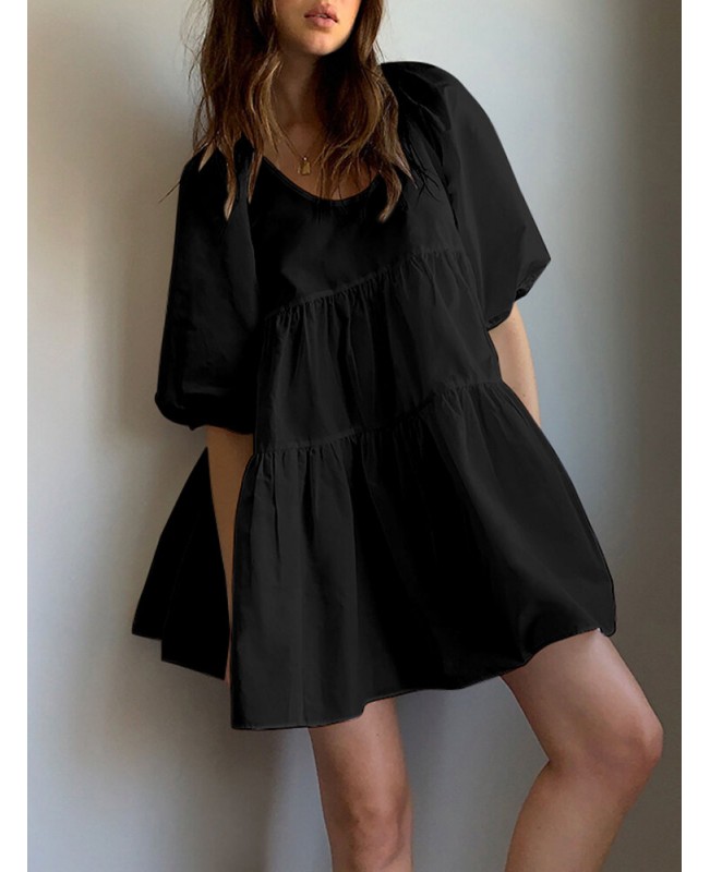 Women Puff Sleeve U-Neck Solid Color Short Sleeve Casual Tiered Dress - Black S