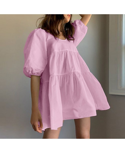 Women Puff Sleeve U-Neck Solid Color Short Sleeve ...