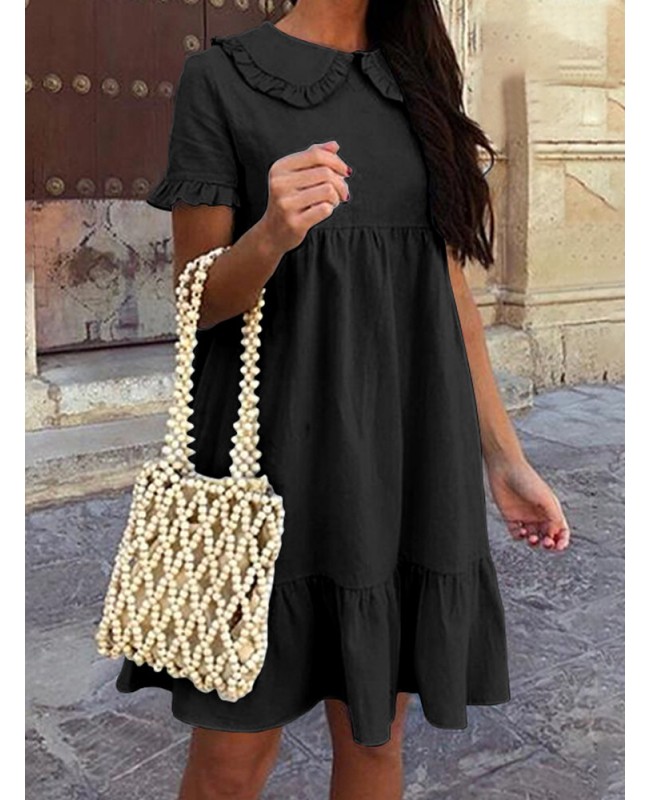 Women Solid Color Doll Collar Fungus Trims A-Line Stitching Short Sleeve Dress - Black S