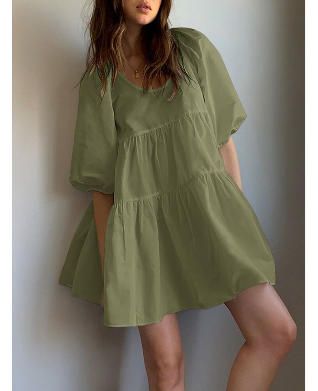 Women Puff Sleeve U-Neck Solid Color Short Sleeve Casual Tiered Dress - Black S