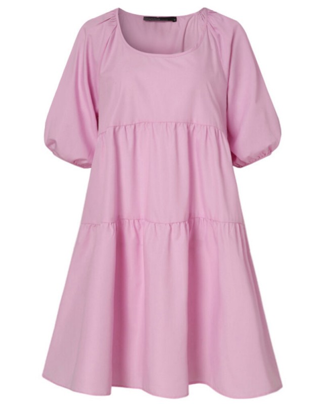 Women Puff Sleeve U-Neck Solid Color Short Sleeve Casual Tiered Dress - Black S