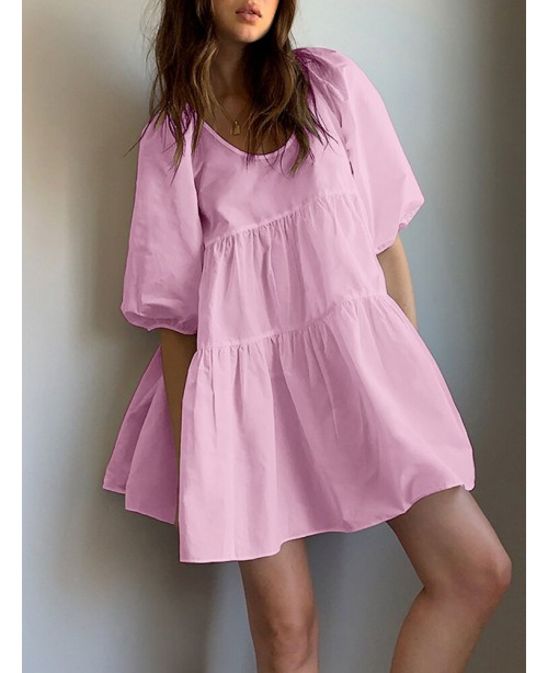 Women Puff Sleeve U-Neck Solid Color Short Sleeve ...