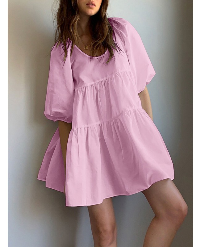 Women Puff Sleeve U-Neck Solid Color Short Sleeve Casual Tiered Dress - Black S