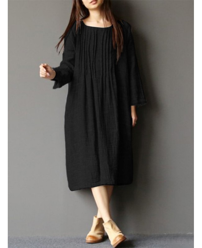 Women Long Sleeve Crew Neck Loose Casual Solid Pleated Dress - Grey 008