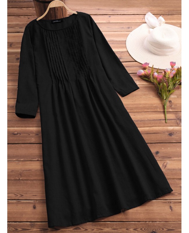 Women Long Sleeve Crew Neck Loose Casual Solid Pleated Dress - Grey 008