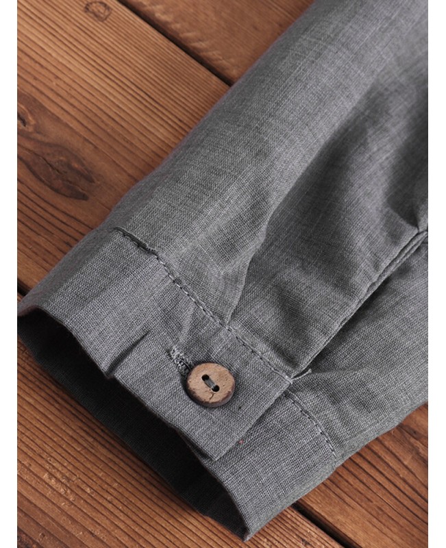 Women Long Sleeve Crew Neck Loose Casual Solid Pleated Dress - Grey 008