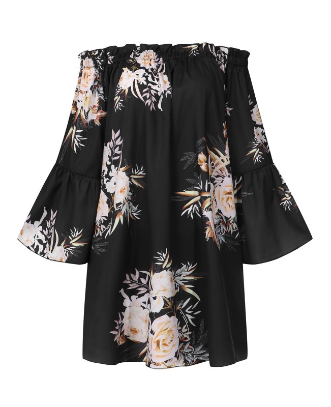 Women Off Shoulder Floral Print Ruffle Sleeve Blouse Mini Dress - Black 1 S