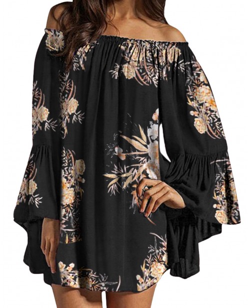 Women Off Shoulder Floral Print Ruffle Sleeve Blou...