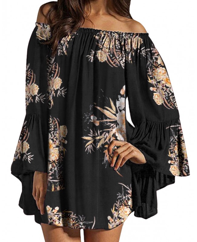 Women Off Shoulder Floral Print Ruffle Sleeve Blouse Mini Dress - Black 1 S