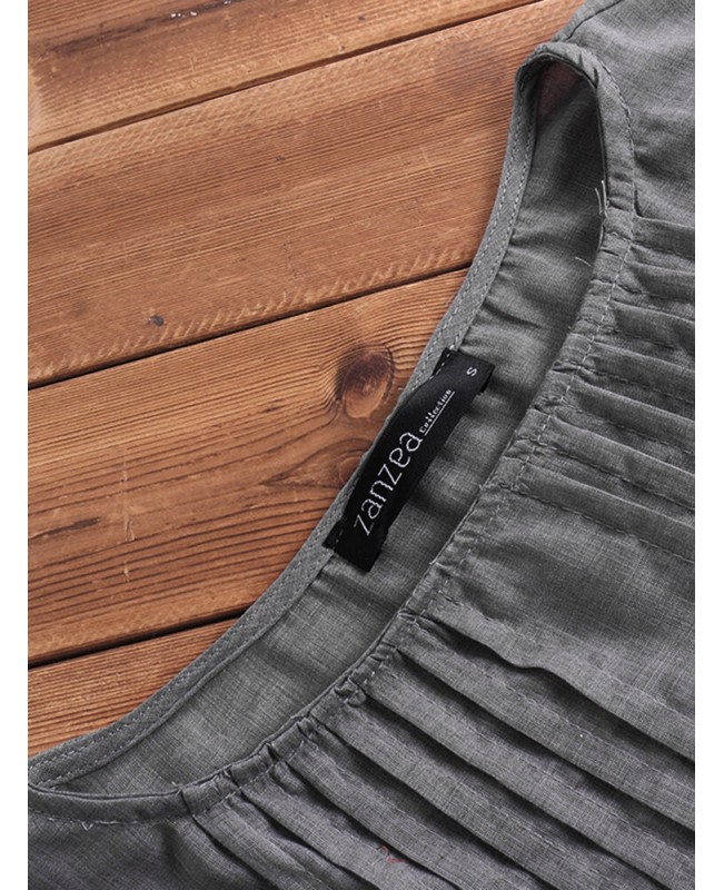 Women Long Sleeve Crew Neck Loose Casual Solid Pleated Dress - Grey 008