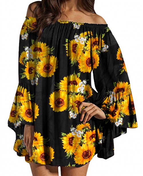 Women Off Shoulder Floral Print Ruffle Sleeve Blou...