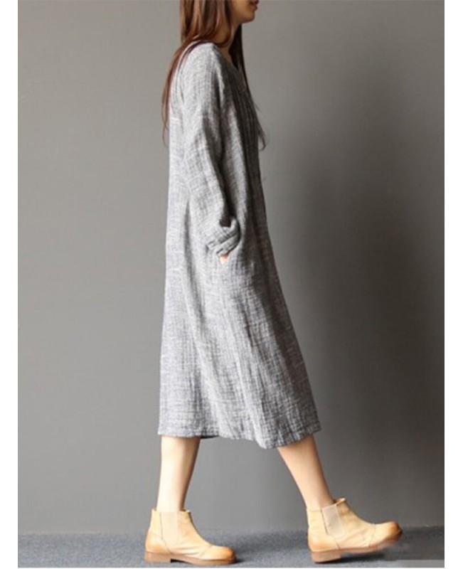 Women Long Sleeve Crew Neck Loose Casual Solid Pleated Dress - Grey 008