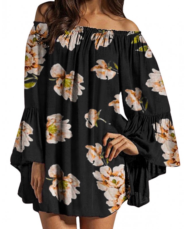 Women Off Shoulder Floral Print Ruffle Sleeve Blouse Mini Dress - Black 1 S