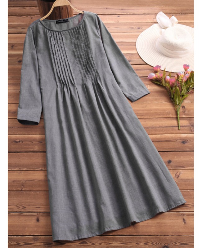 Women Long Sleeve Crew Neck Loose Casual Solid Pleated Dress - Grey 008
