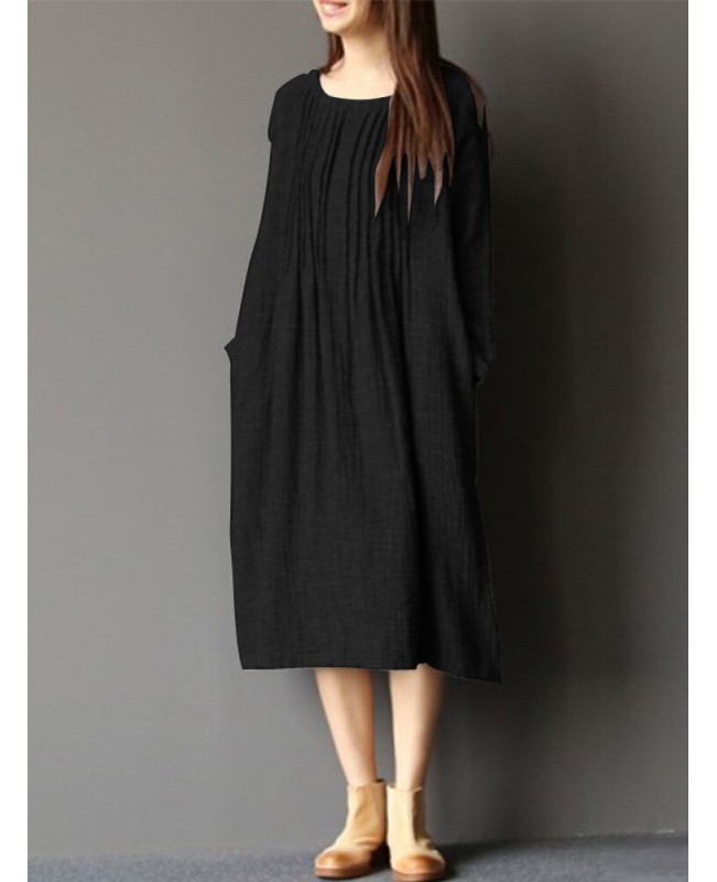 Women Long Sleeve Crew Neck Loose Casual Solid Pleated Dress - Grey 008