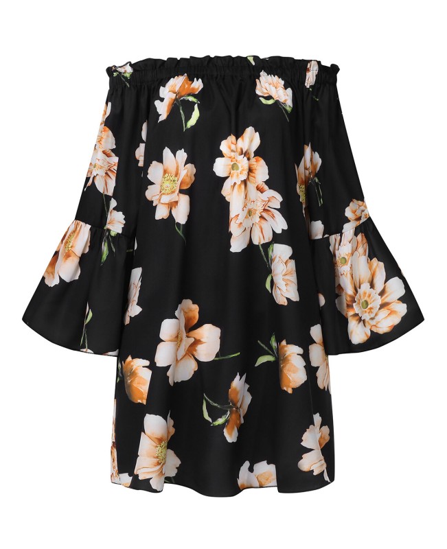 Women Off Shoulder Floral Print Ruffle Sleeve Blouse Mini Dress - Black 1 S