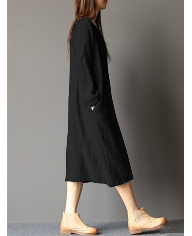 Women Long Sleeve Crew Neck Loose Casual Solid Pleated Dress - Grey 008