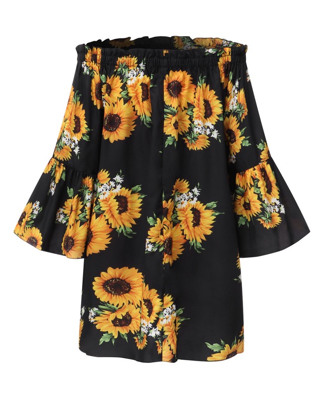Women Off Shoulder Floral Print Ruffle Sleeve Blouse Mini Dress - Black 1 S