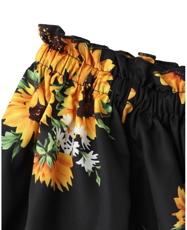 Women Off Shoulder Floral Print Ruffle Sleeve Blouse Mini Dress - Black 1 S