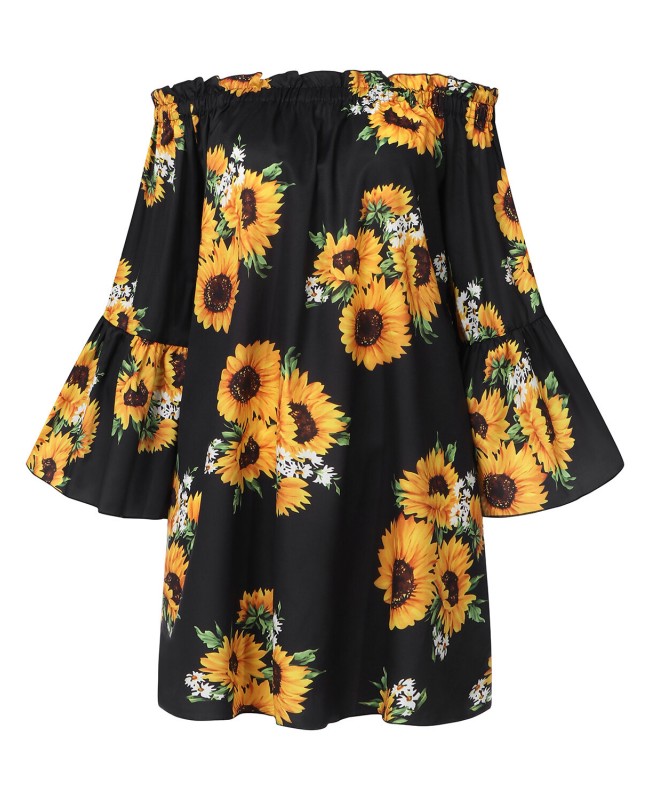 Women Off Shoulder Floral Print Ruffle Sleeve Blouse Mini Dress - Black 1 S