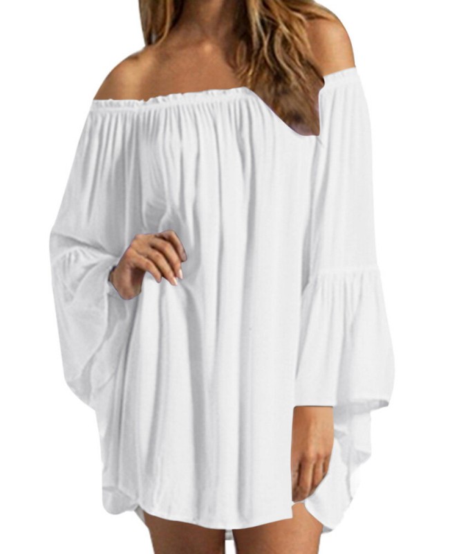 Off Shoulder Solid Pleated Summer Casual Dress For Women - White 3XL
