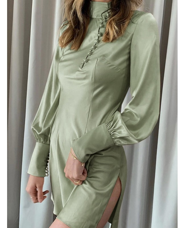 Solid Long Sleeve Summer European Simple Casual Dress For Women - Light Green M