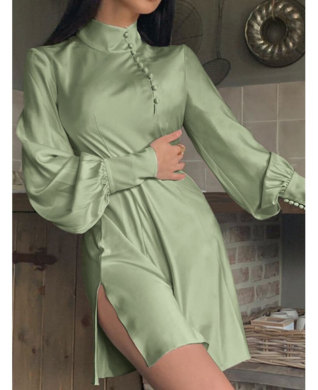 Solid Long Sleeve Summer European Simple Casual Dress For Women - Light Green M