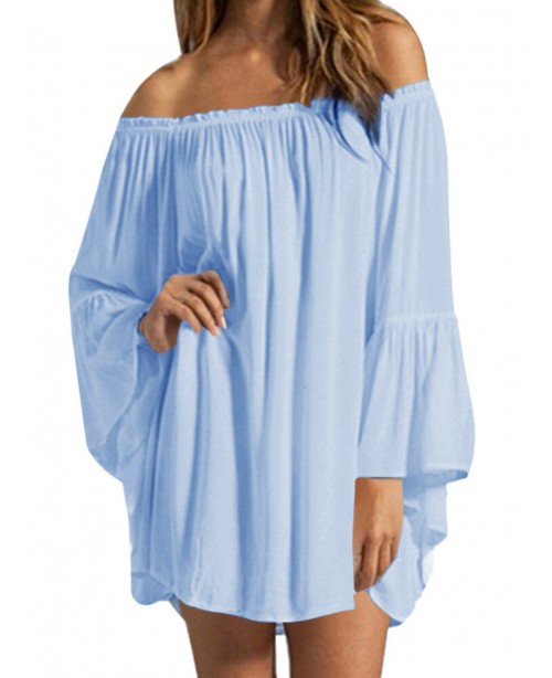Off Shoulder Solid Pleated Summer Casual Dress For...