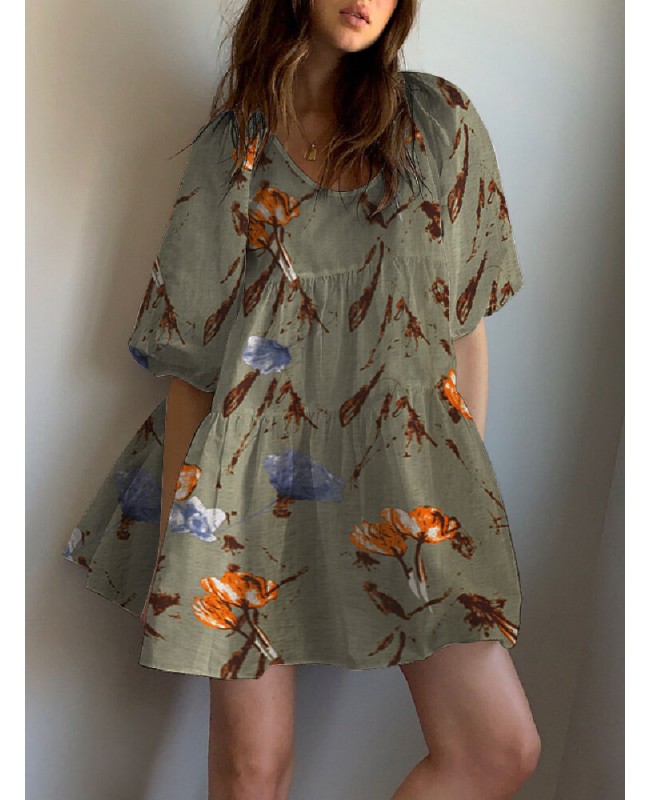 Floral Print Round Neck Puff Sleeve Pleated Tiered Holiday Casual Mini Dress - Apricot S