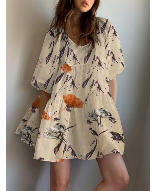 Floral Print Round Neck Puff Sleeve Pleated Tiered...