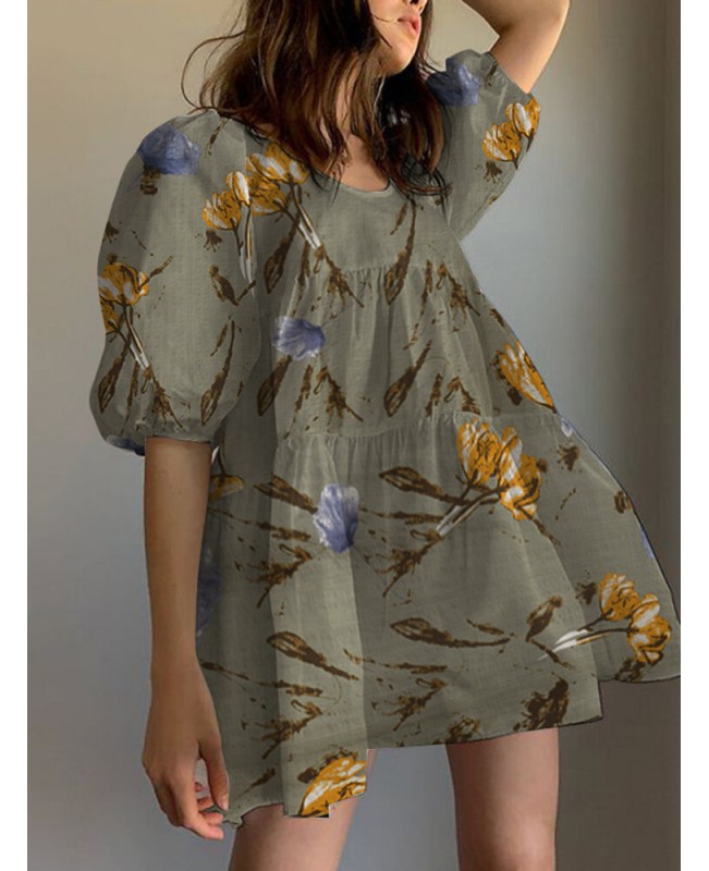 Floral Print Round Neck Puff Sleeve Pleated Tiered Holiday Casual Mini Dress - Apricot S