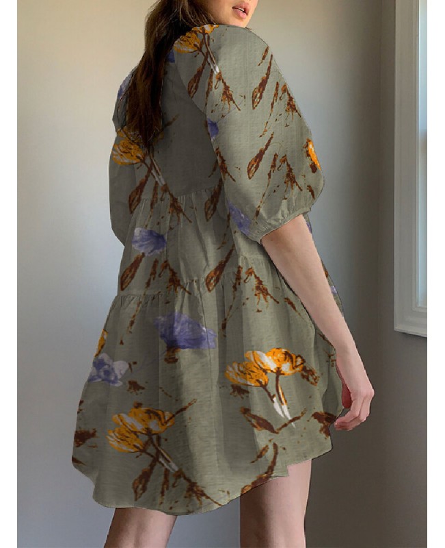 Floral Print Round Neck Puff Sleeve Pleated Tiered Holiday Casual Mini Dress - Apricot S