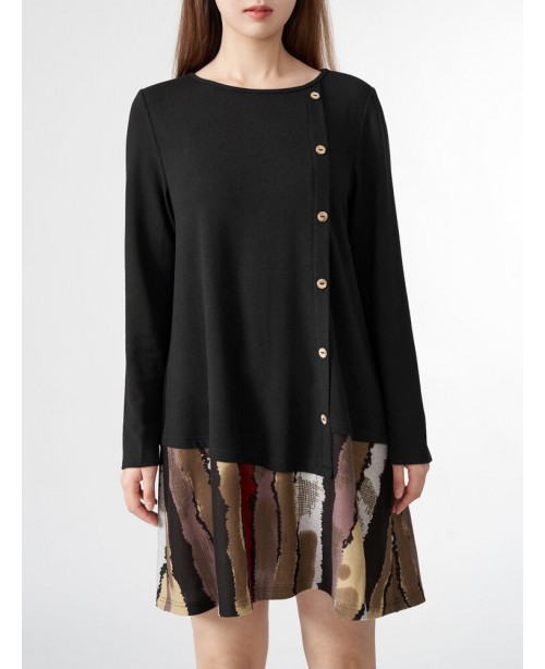 Stitch Hem Button Front Long Sleeve Crew Neck Dres...